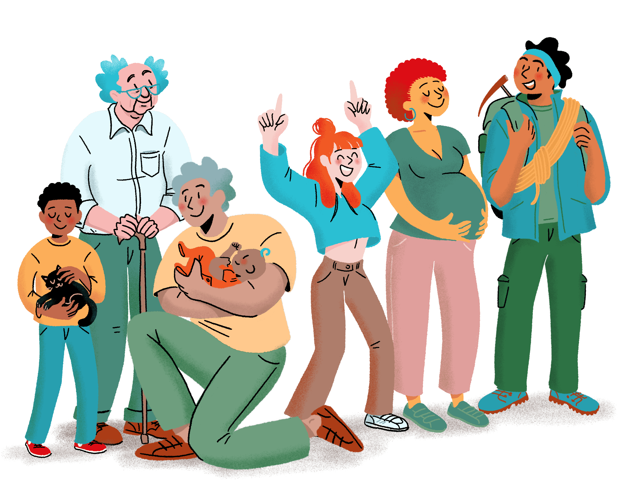 Illustration représentant un enfant, une personne âgée, un papa avec un nourrisson, une ado, une femme enceinte et un sportif. Chiropracteurs à Pau proposant des soins adaptés pour tous